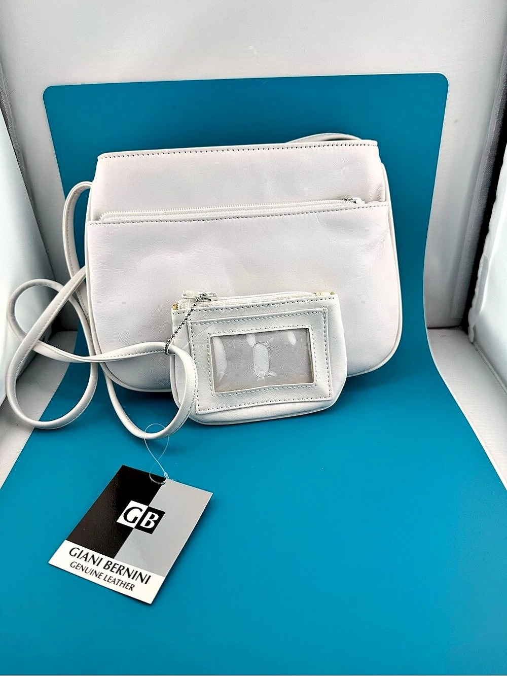 Giani Bernini White Leather Crossbody Bag Matching ID Coin Pouch With Tags